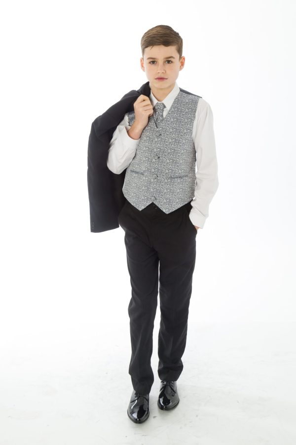 Boys 5 Piece Black suit with Grey waistcoat Henry - Image 4