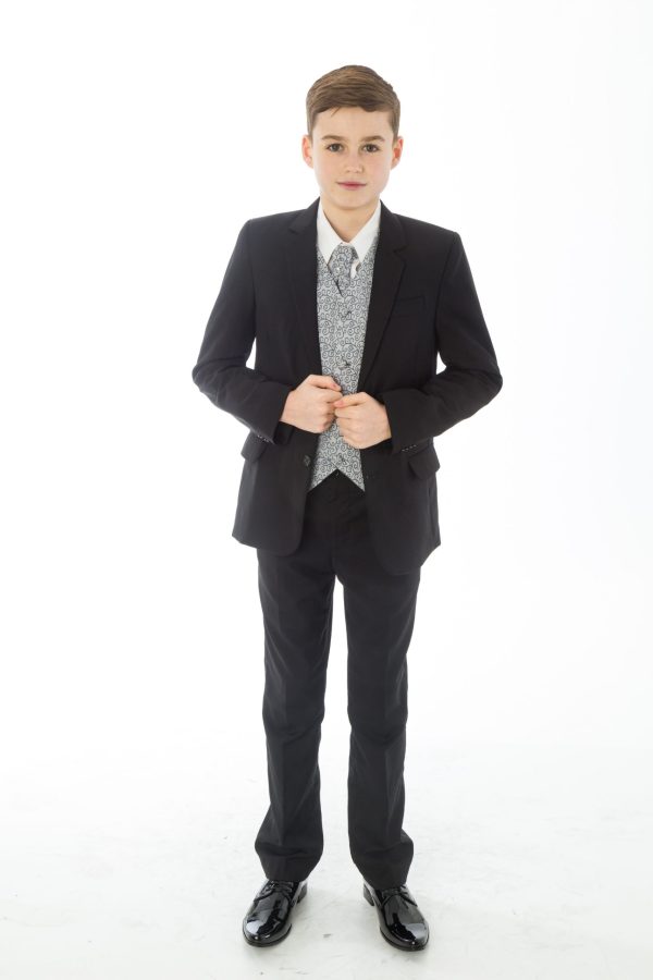 Boys 5 Piece Black suit with Grey waistcoat Henry - Image 2