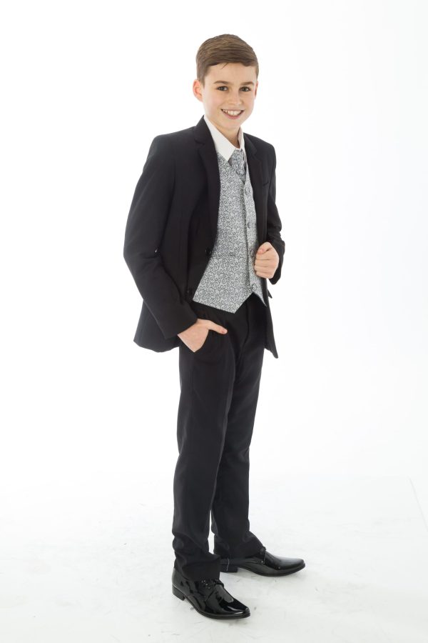 Boys 5 Piece Black suit with Grey waistcoat Henry - Image 3