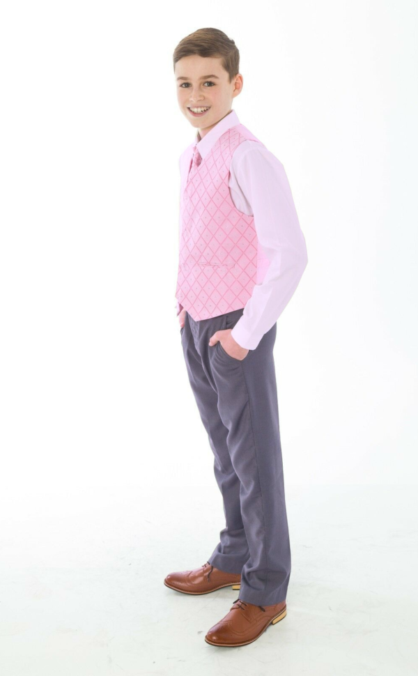 Boys 4 Piece Suit Grey with Pink/Pink Waistcoat Alfred - Image 2