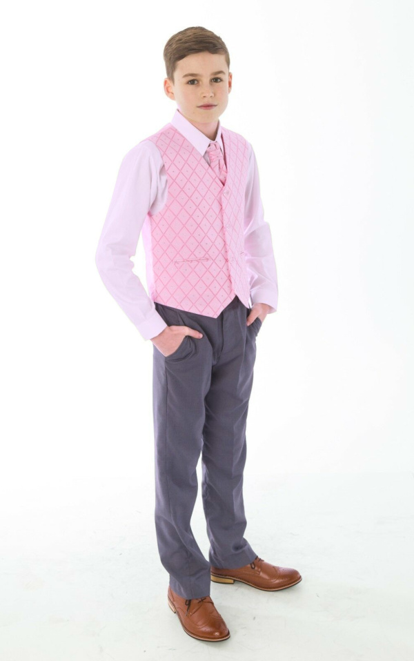 Boys 4 Piece Suit Grey with Pink/Pink Waistcoat Alfred - Image 4