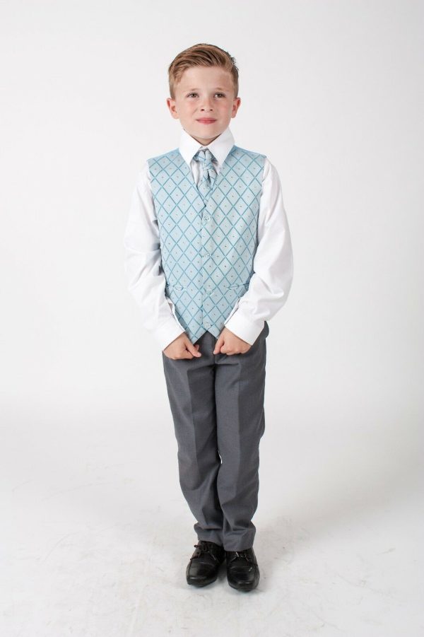 Boys 4 Piece Suit Grey with Blue Waistcoat Alfred - Image 2