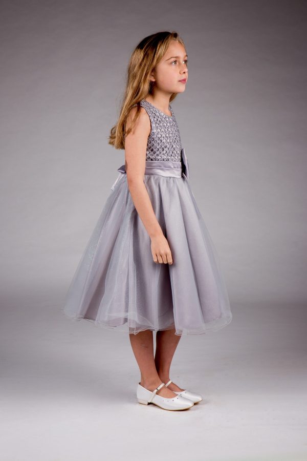 Girls Sparkle Bow Dress Silver - Image 2