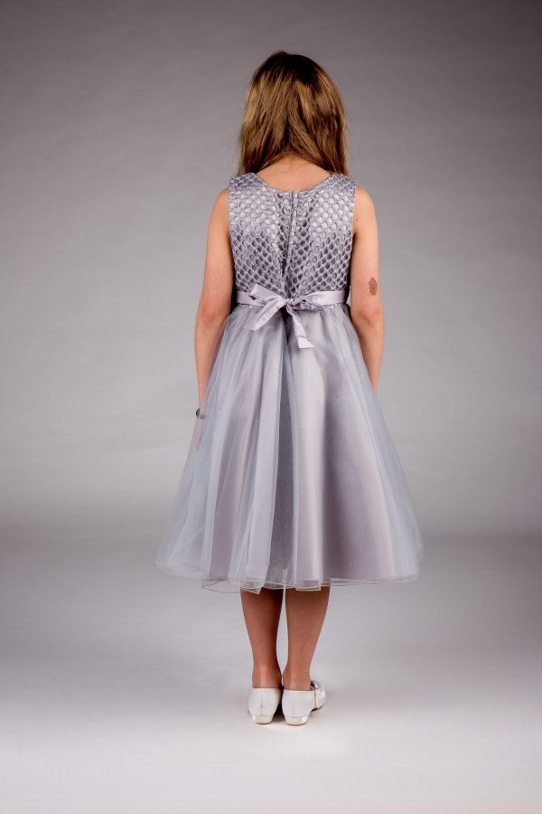 Girls Sparkle Bow Dress Silver - Image 3