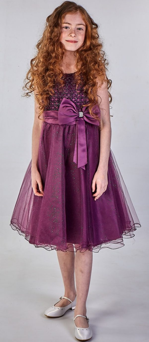 Girls Sparkle Bow Dress Purple - Image 3