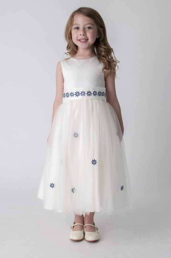 Girls Jasmine Dress in Ivory/Navy - Image 2