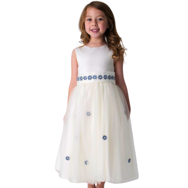 Girls Jasmine Dress in Ivory/Navy