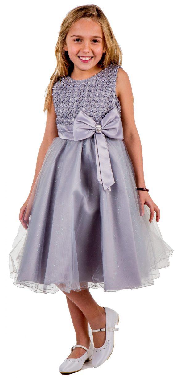 Girls Sparkle Bow Dress Silver - Image 5