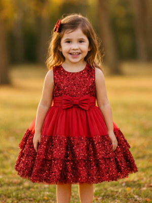 Girls Sparkly Bow Dress Red