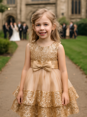 Girls Sparkly Bow Dress Gold