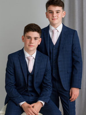 Boys 5 Piece Navy Check Suit