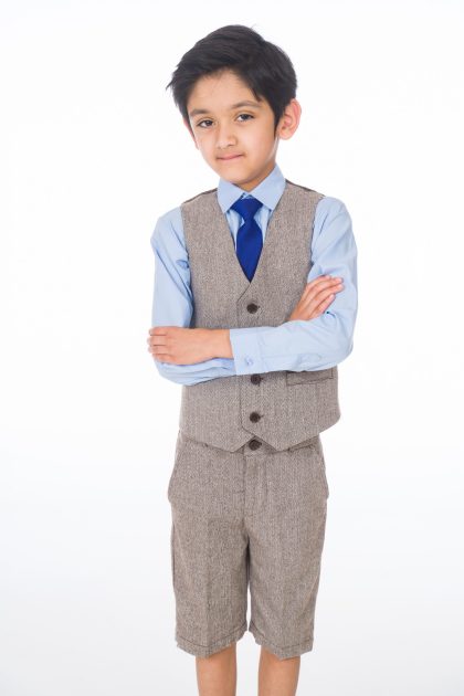 Boys Brown Herringbone Tweed 4 Piece Short Suit