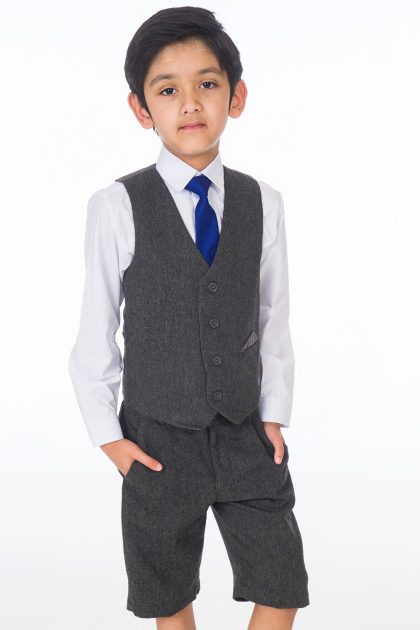 Boys 4 Piece Short Grey Herringbone Tweed Suit