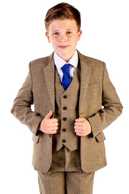 Boys Light Brown Tweed 5 Piece Suit