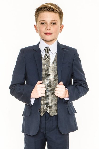 Navy Suit with Grey/Blue Check 5 Piece