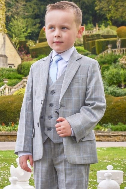 Boys Grey with Blue Check Suit 5 Piece