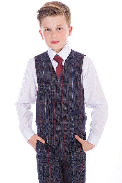 Boys Navy Tweed Check Suit 4 Piece