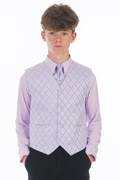 Boys 4 Piece Suit Black with Lilac/Lilac Waistcoat Alfred