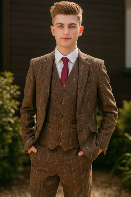 Boys Brown 5 Piece Check Tweed Suit