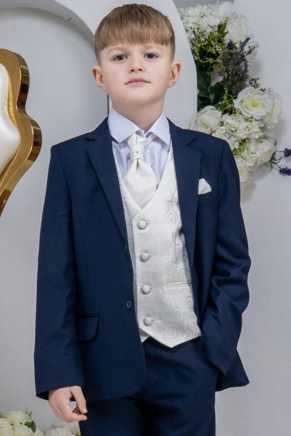 Boys Navy suit with cream swirl waistcoat 5 Piece