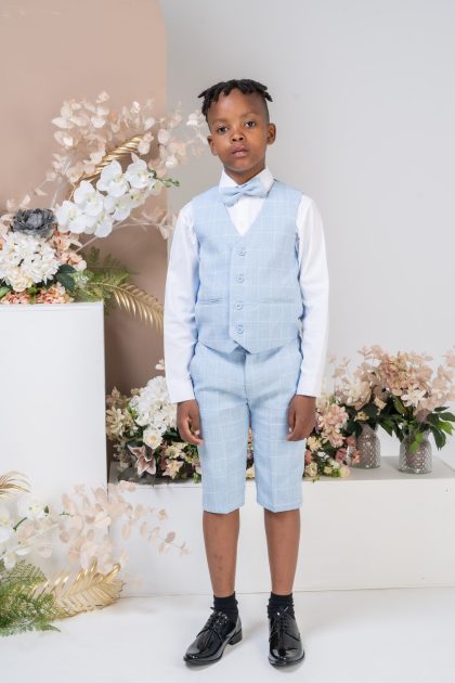 Boys Check Short Suit Blue 4 Piece