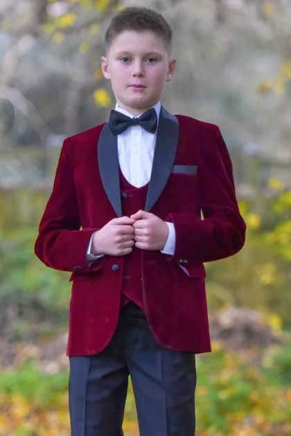 Boys Wine Velvet Tuxedo Suit Milano Mayfair 5 Piece