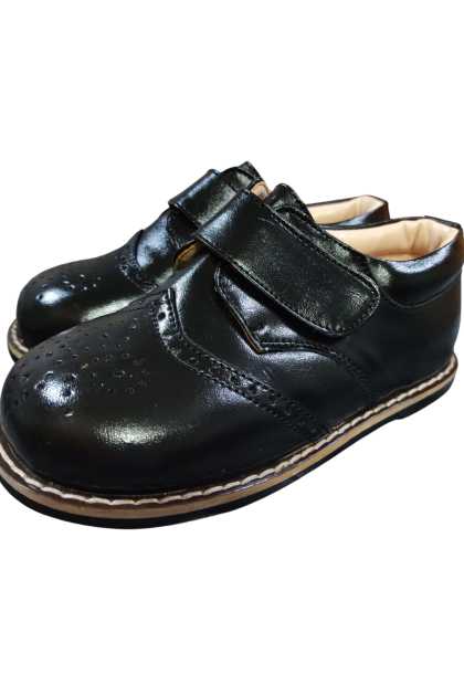Early Steps Matte Black Strap Brogue Shoes
