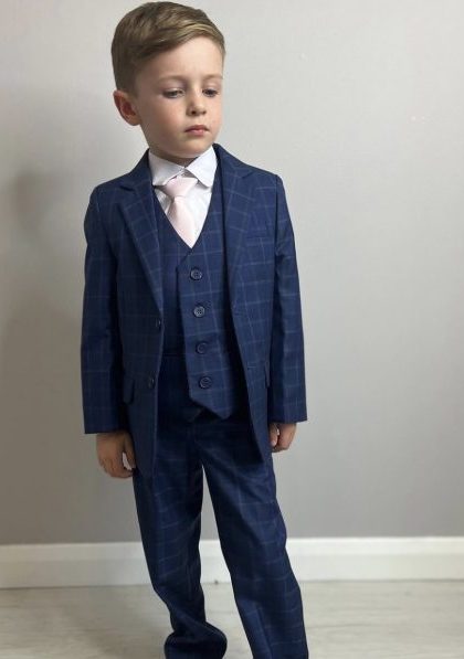 Boys Navy Check Suit 5 Piece