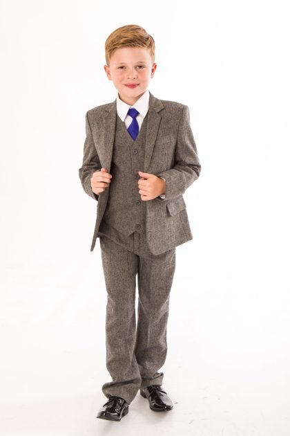 Boys Grey Herringbone Tweed 5 Piece Suit