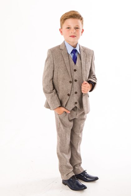 Boys 5 Piece Brown Herringbone Tweed Suit