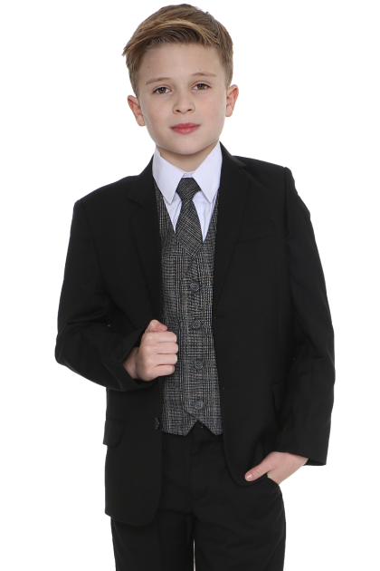 Boys 5 Piece Black Suit with Grey Check Billy