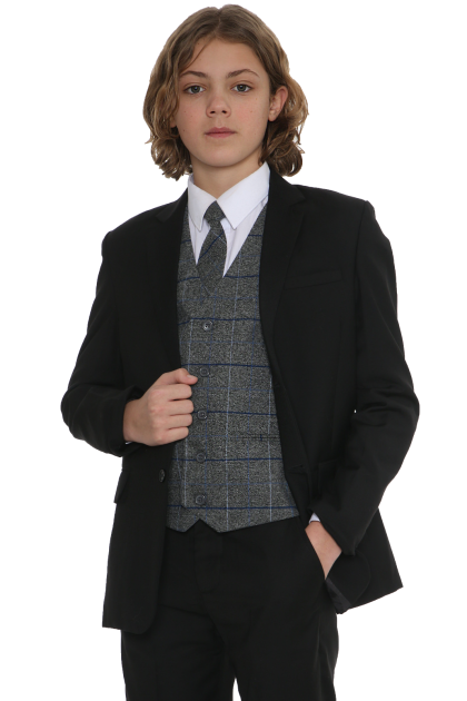 Boys Black Suit with Blue Check Michael 5 Piece