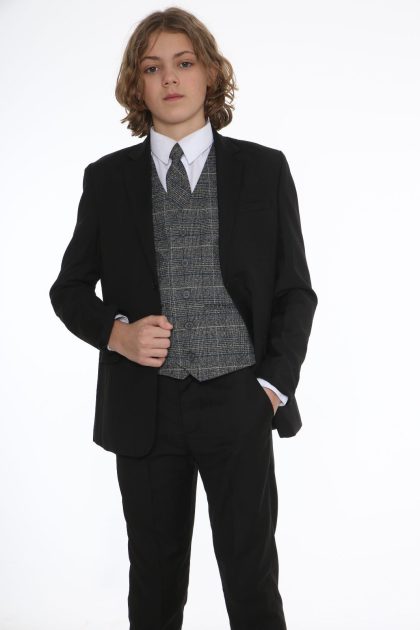 Boys 5 Piece Black Suit with Blue Check Thomas
