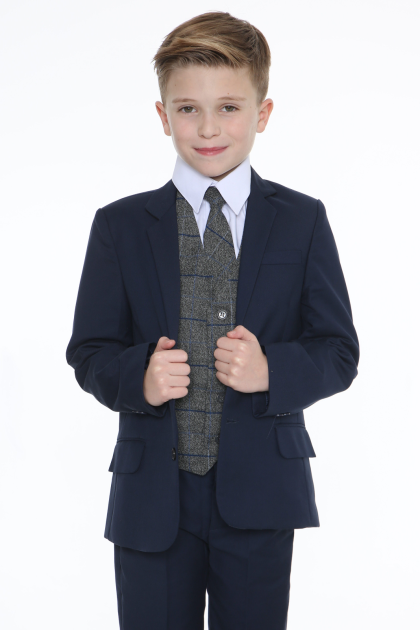 Boys 5 Piece Navy Suit with Blue Check Michael