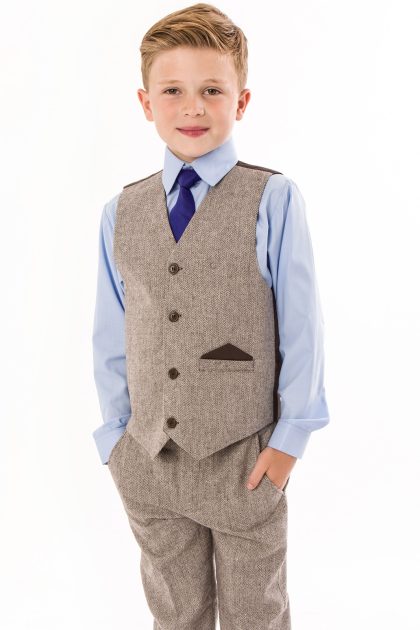Boys Brown Herringbone Tweed 4 Piece Suit