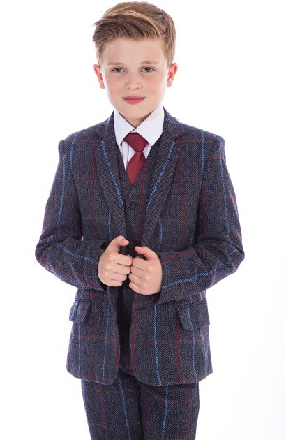 Boys 5 Piece Navy Tweed Check Suit