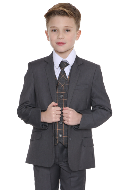 Boys 5 Piece Grey Suit with Grey Check Finn