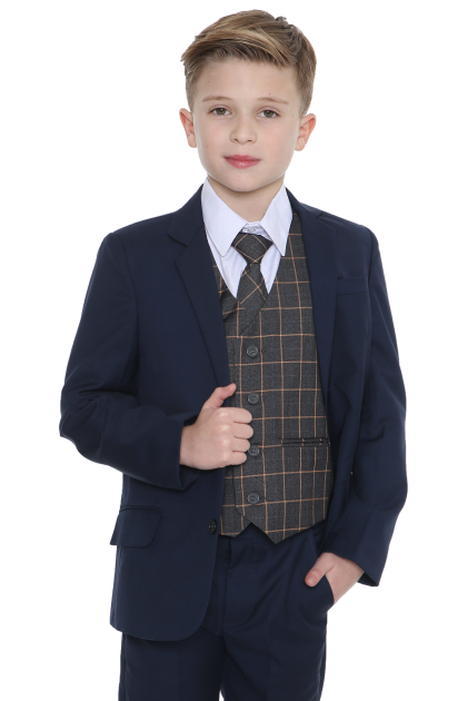 Boys Navy Suit with Grey Check Finn 5 Piece