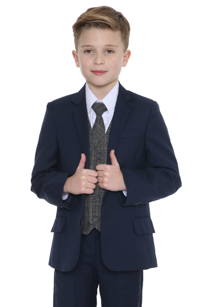 Boys 5 Piece Navy Suit with Grey Check Billy