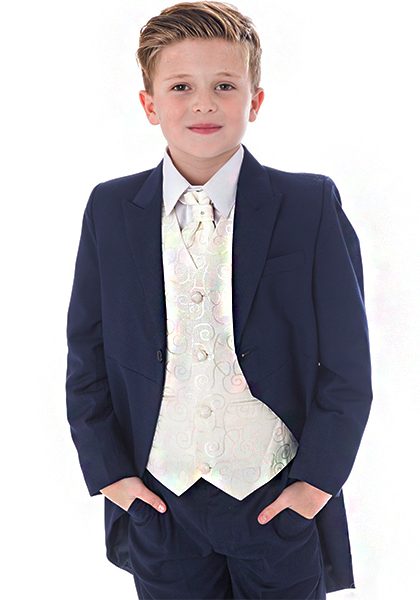 Boys 5 Piece Tailcoat Suit Navy /Cream Swirl