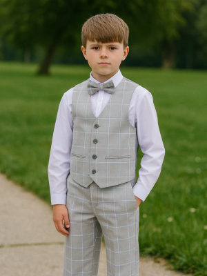 Boys 4 Piece Light Grey Check Suit