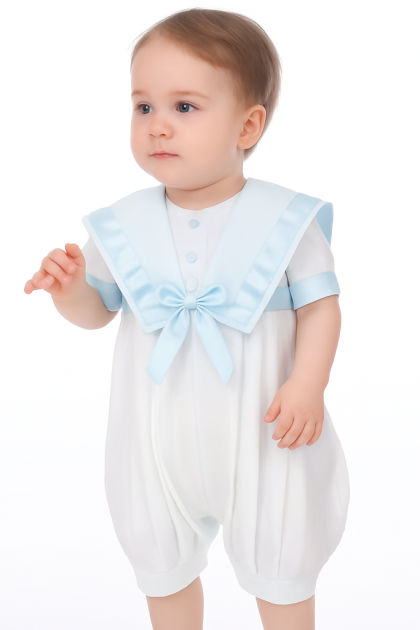 Baby Boys Light Blue Pleated Christening Romper