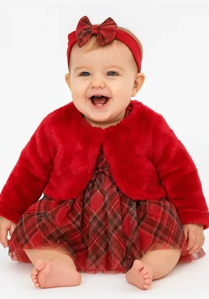 Baby Girls Netted Tartan Dress with Fur Bolero and Matching Headband
