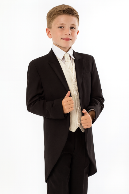Boys Black suit with cream swirl waistcoat 5 Piece