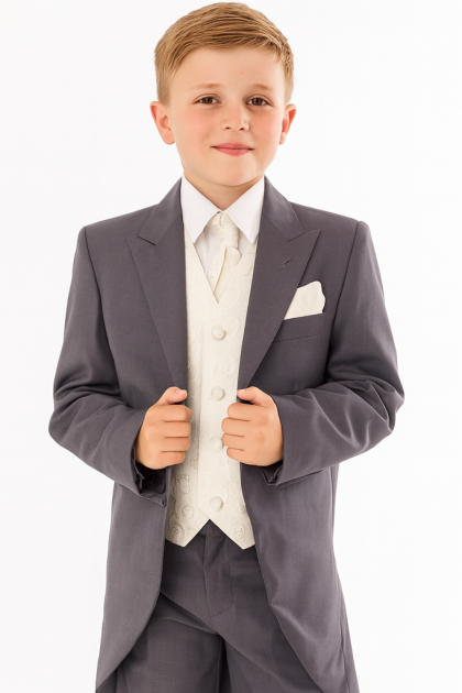 Boys Grey suit with cream swirl waistcoat 5 Piece