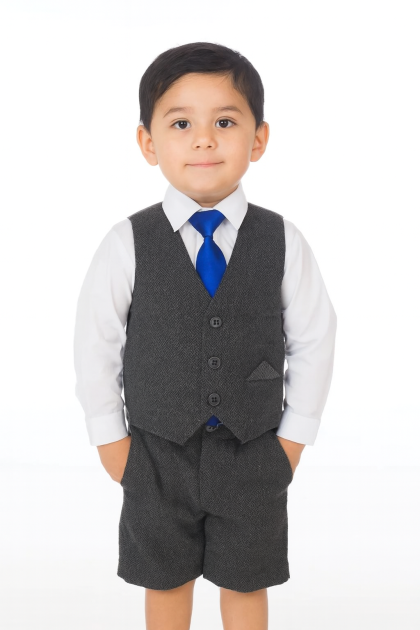 Baby Boys 4 Piece Short Grey Herringbone Tweed Suit