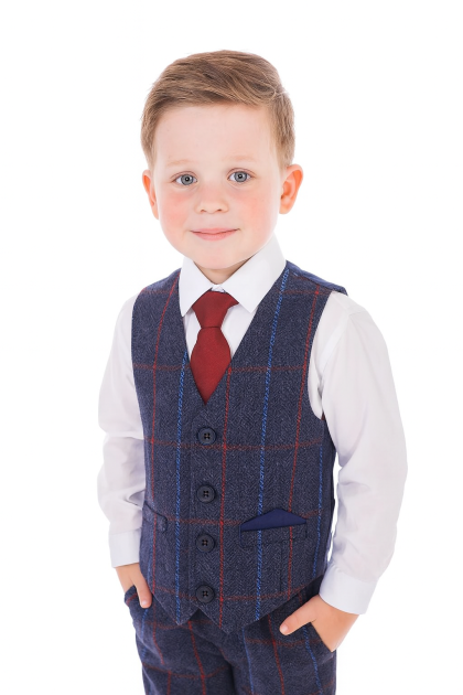 Baby Boys Navy Tweed Check Suit 4 Piece