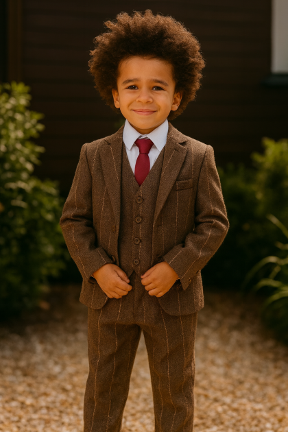 Baby Boys Brown 5 Piece Check Tweed Suit