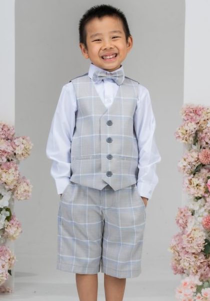 Baby Boys Light Grey Check 4 Piece Shorts Suit