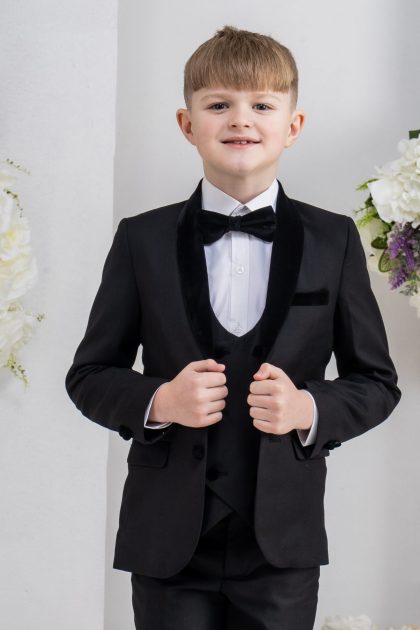 Boys Black Velvet Lapel Tuxedo Suit Milano Mayfair 5 Piece